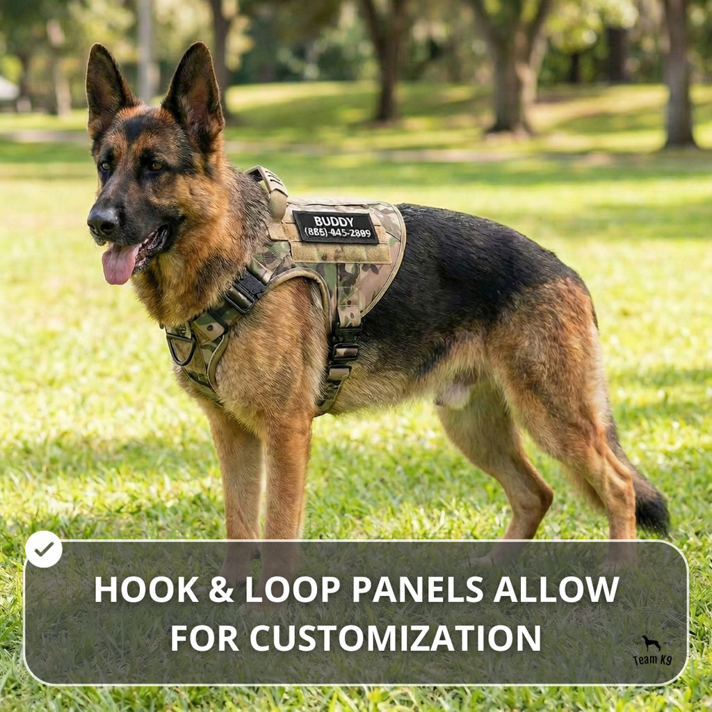 NEW Upgraded Tactical No-Pull Team K9™ Dog Harness with 4 Quick-Release Metal Buckles, Reinforced Front & Back V-Rings, Hook & Loop Panels, Adjustable Straps, Reflective Strips, & Top Handle