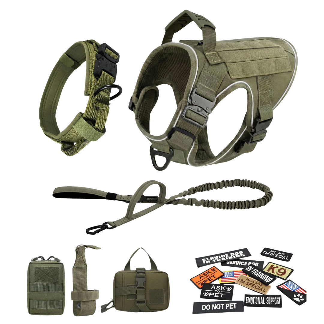 NEW Upgraded Tactical No-Pull Team K9™ Dog Harness with 4 Quick-Release Metal Buckles, Reinforced Front & Back V-Rings, Hook & Loop Panels, Adjustable Straps, Reflective Strips, & Top Handle