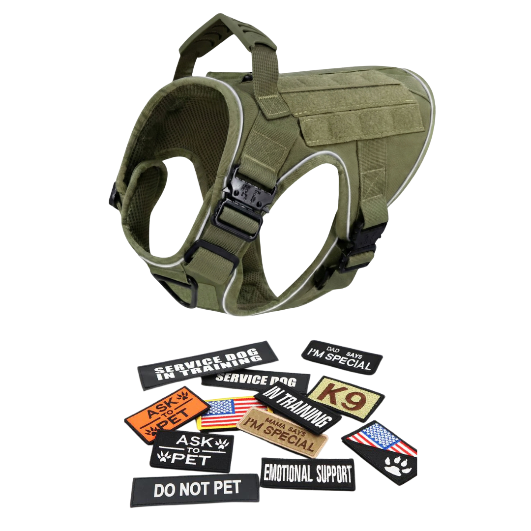NEW Upgraded Tactical No-Pull Team K9™ Dog Harness with 4 Quick-Release Metal Buckles, Reinforced Front & Back V-Rings, Hook & Loop Panels, Adjustable Straps, Reflective Strips, & Top Handle