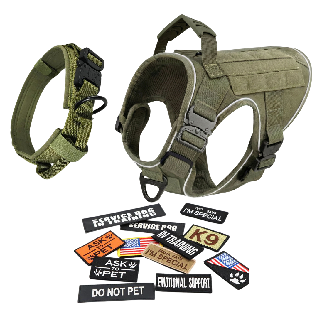NEW Upgraded Tactical No-Pull Team K9™ Dog Harness with 4 Quick-Release Metal Buckles, Reinforced Front & Back V-Rings, Hook & Loop Panels, Adjustable Straps, Reflective Strips, & Top Handle