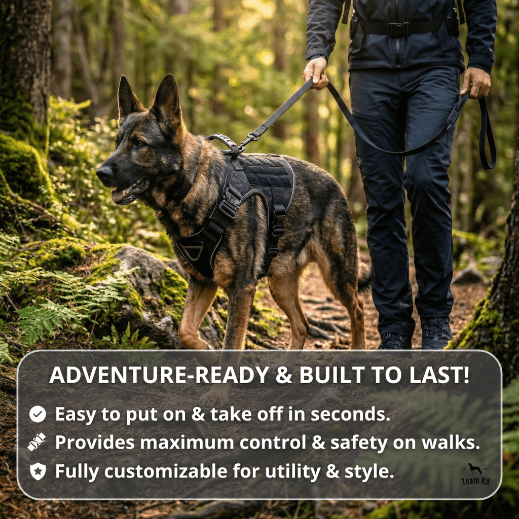 10-In-1 Tactical K9 Harness System - Full Set Dog Harness Bundle (Includes: Tactical No-Pull Dog Harness + Bungee Leash + Collar + MOLLE Pouches + First Aid Kit + 12 Hook & Loop Patches + Dog Goggles + Safety Belt + Travel Water Bowl + Dog Waste Bags)