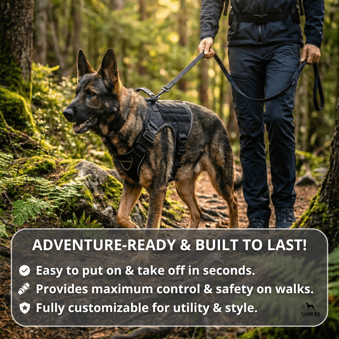 10-In-1 Tactical K9 Harness System - Full Set Dog Harness Bundle (Includes: Tactical No-Pull Dog Harness + Bungee Leash + Collar + MOLLE Pouches + First Aid Kit + 12 Hook & Loop Patches + Dog Goggles + Safety Belt + Travel Water Bowl + Dog Waste Bags)