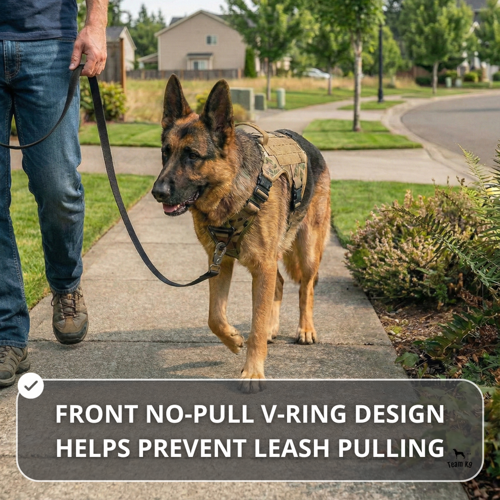 NEW Upgraded Tactical No-Pull Team K9™ Dog Harness with 4 Quick-Release Metal Buckles, Reinforced Front & Back V-Rings, Hook & Loop Panels, Adjustable Straps, Reflective Strips, & Top Handle
