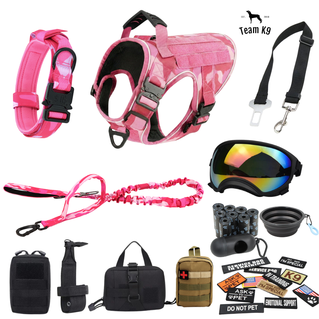 10-In-1 Tactical K9 Harness System - Full Set Dog Harness Bundle (Includes: Tactical No-Pull Dog Harness + Bungee Leash + Collar + MOLLE Pouches + First Aid Kit + 12 Hook & Loop Patches + Dog Goggles + Safety Belt + Travel Water Bowl + Dog Waste Bags)