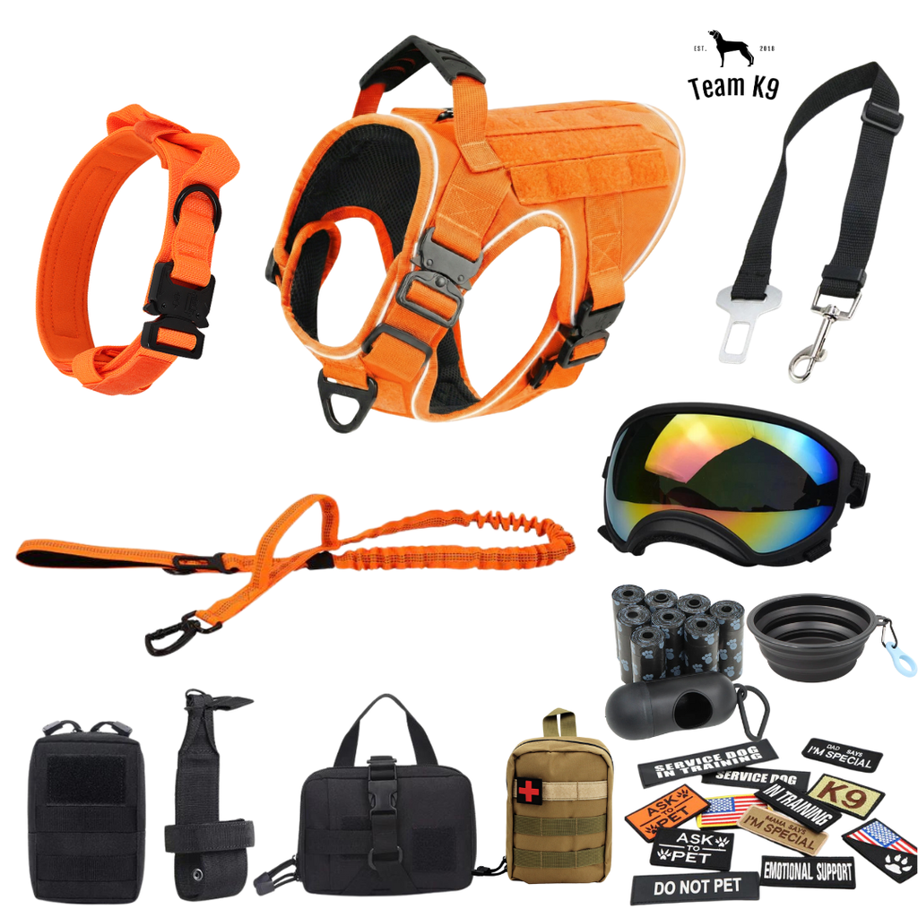 NEW Upgraded Tactical No-Pull Team K9™ Dog Harness with 4 Quick-Release Metal Buckles, Reinforced Front & Back V-Rings, Hook & Loop Panels, Adjustable Straps, Reflective Strips, & Top Handle