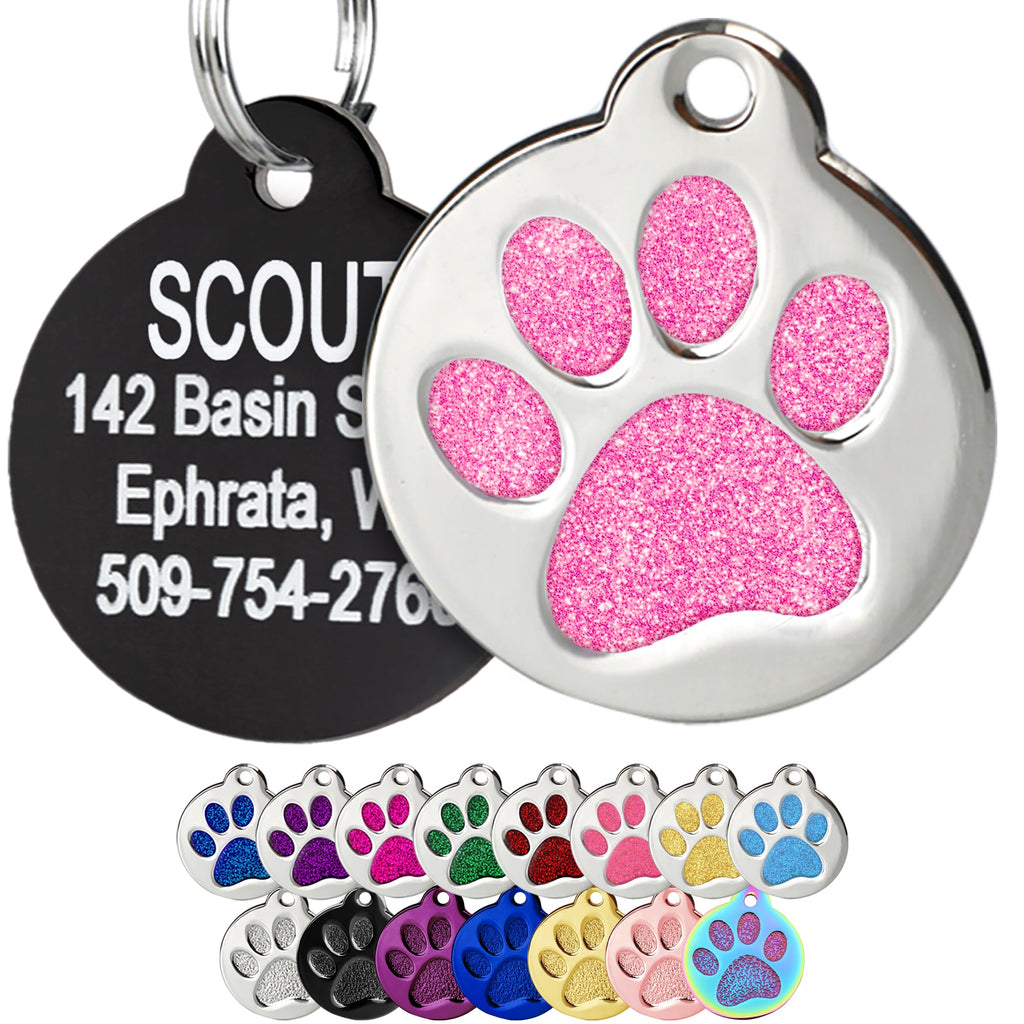 Glitter Paw Print Pet ID Tags in Stainless Steel